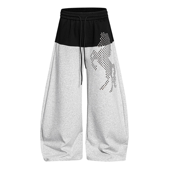 Ladies wide palazzo jogger pants with high elastic waistband, contrasting waistband area and pixelated horse motif Mune Fashion