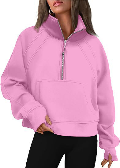 Ladies oversized short pullover with stand-up collar, half zipper and kangaroo pocket Mune Fashion