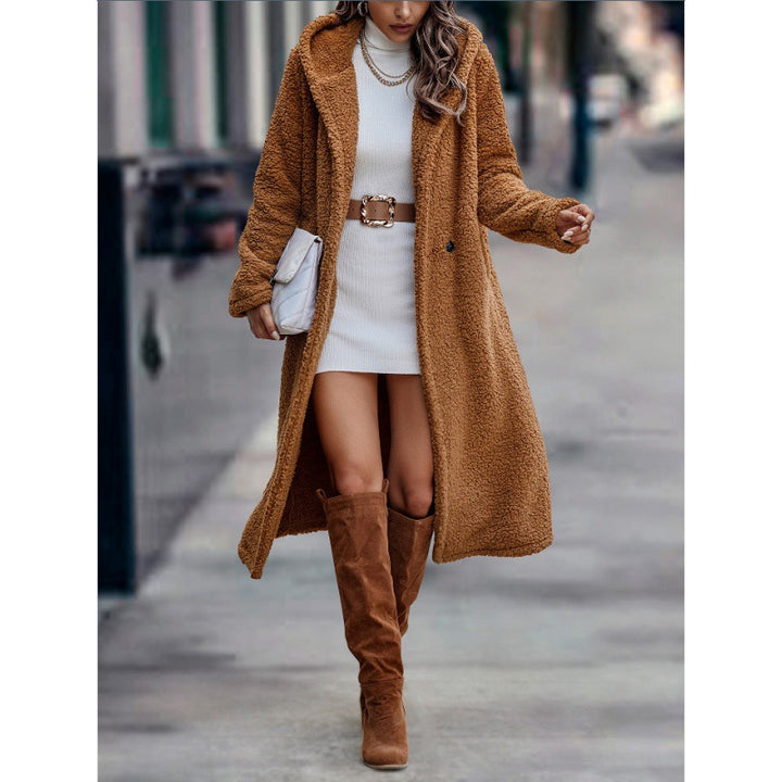 Women's Maxi Length Teddy Coat with Hood and Double Button Placket Mune Fashion