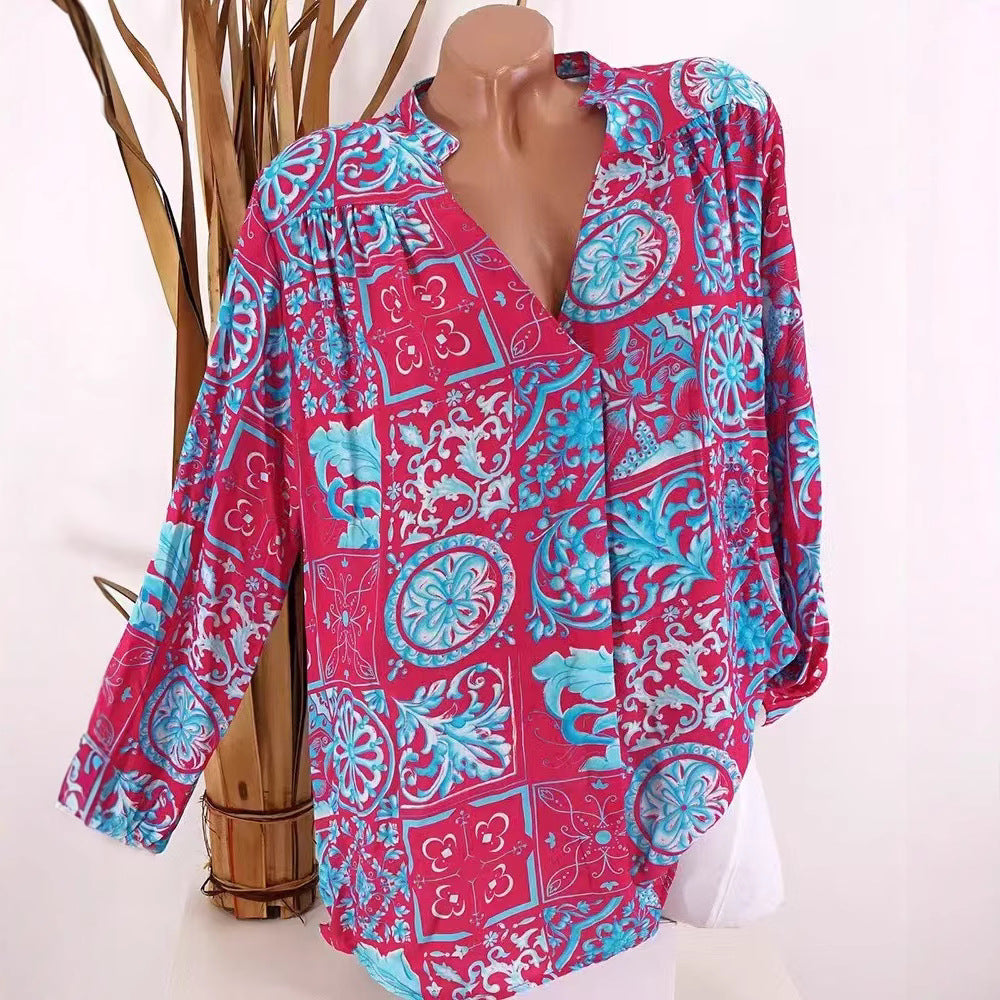 Ladies Viscose Tunic Blouse with V-Neck, Stand Collar and Gathered Shoulders Mune Fashion