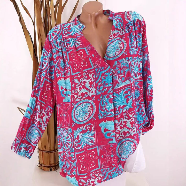 Ladies Viscose Tunic Blouse with V-Neck, Stand Collar and Gathered Shoulders Mune Fashion