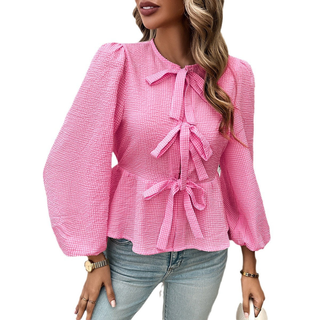 Ladies gathered Vichy blouse with decorative bow closures and balloon sleeves Mune Fashion