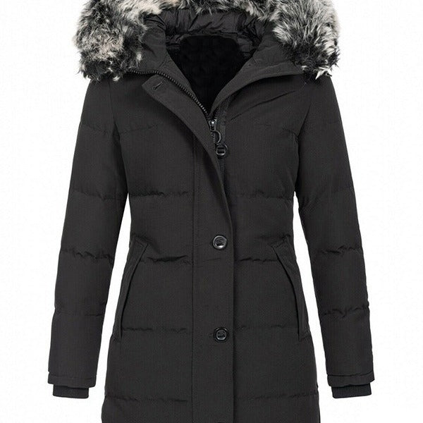 Women's Long Cut Quilted Parka with Hood, Drawstring & Faux Fur Trim Mune Fashion