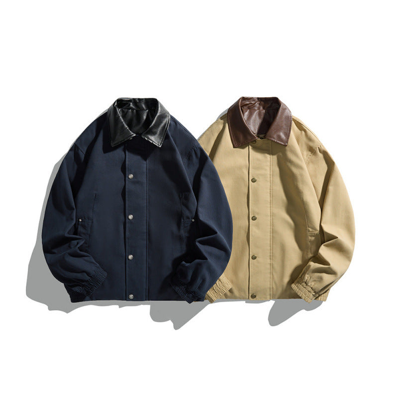 Men's short-cut blouson jacket with faux leather collar, snap button placket, and elastic cuffs Mune Fashion