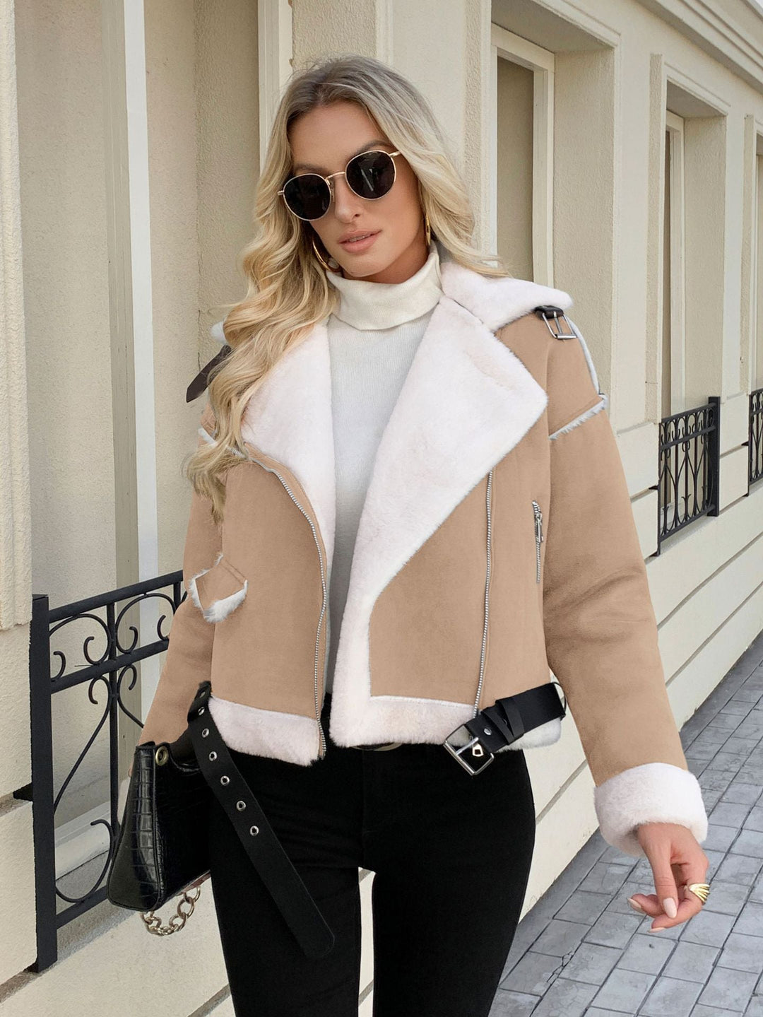 Women's Fashionable Jacket with Faux Fur Collar and Belt Mune