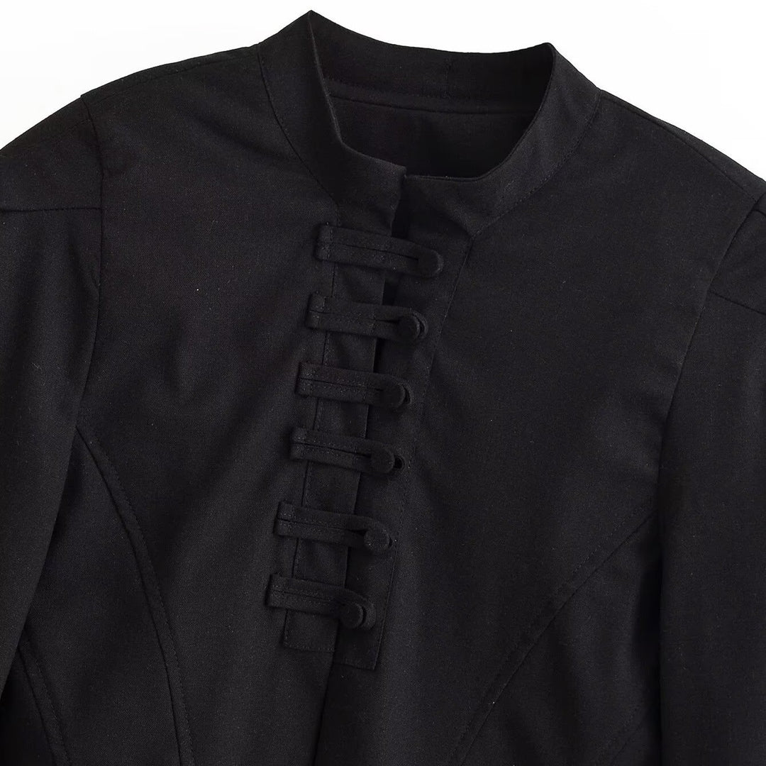 Women short fitted jacket with stand-up collar and decorative loop tape Mune Fashion