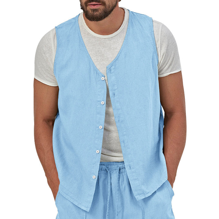 Men's casual sleeveless shirt waistcoat made of linen-cotton blend with V-neck and full button placket Mune Fashion