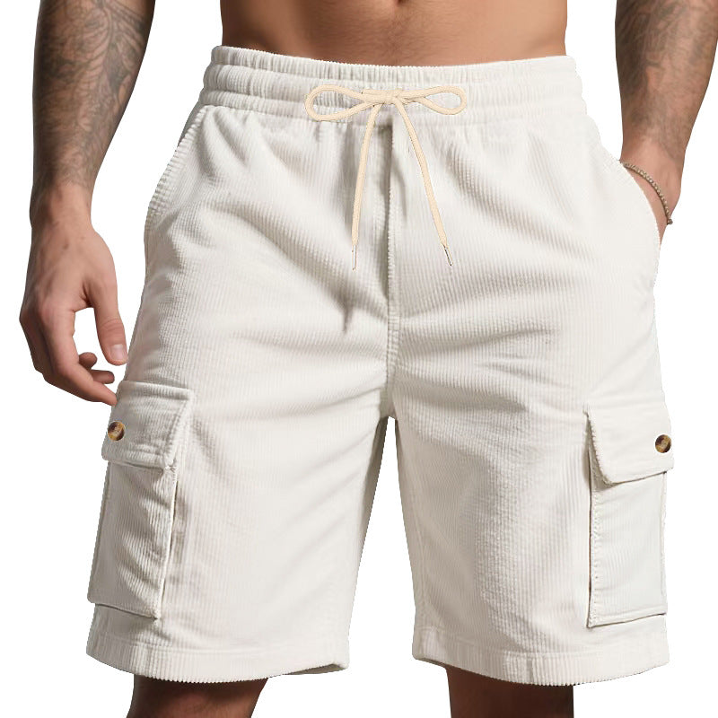 Men's cord cargo shorts with elastic drawstring waistband, patch cargo pockets, and soft cotton blend Mune Fashion