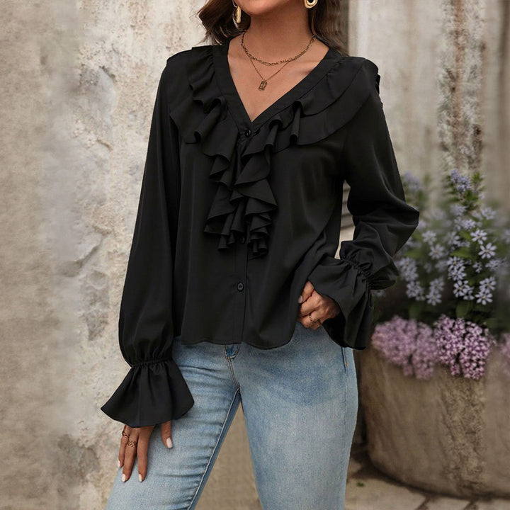 Women feminine ruffle blouse with V-neck, flounce row and bell sleeves Mune Fashion