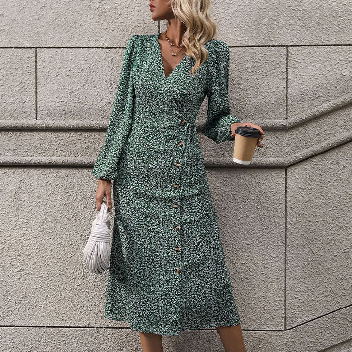 Women Floral Wrap Midi Dress with Asymmetrical Button Placket and Gathered Waist Mune Fashion