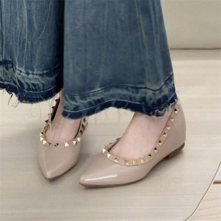 Ladies Flat Pointed Patent Ballerinas with Cushioned Comfort Insole and Studded Trim Mune Fashion