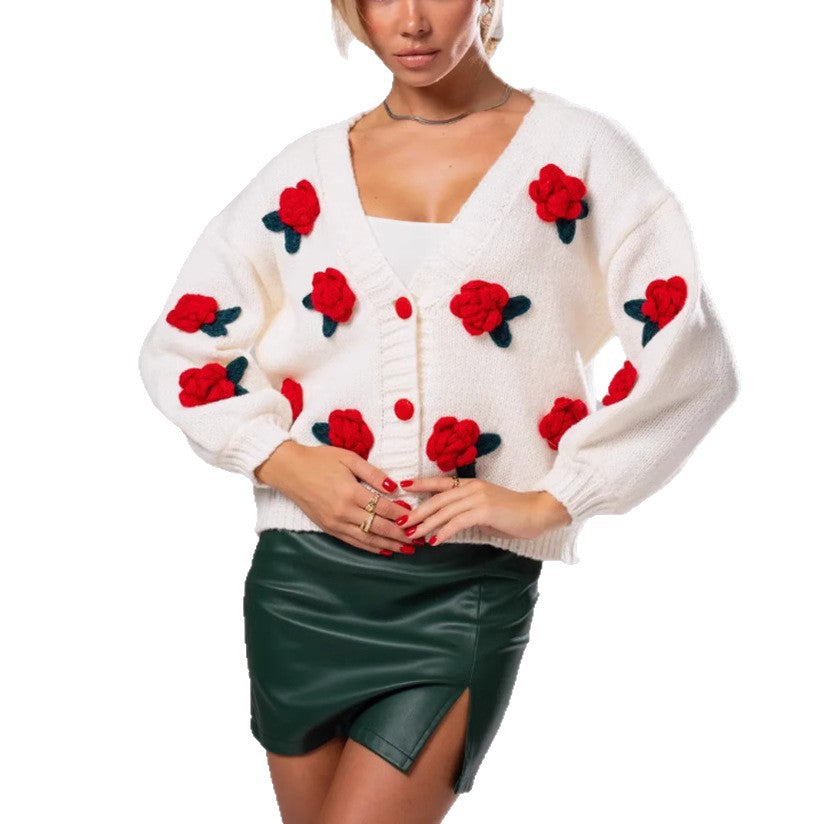 Women's Floral Knit Cardigan with 3D Flower Appliqués and V-Neck Mune Fashion