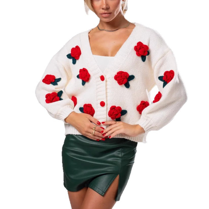 Women's Floral Knit Cardigan with 3D Flower Appliqués and V-Neck Mune Fashion
