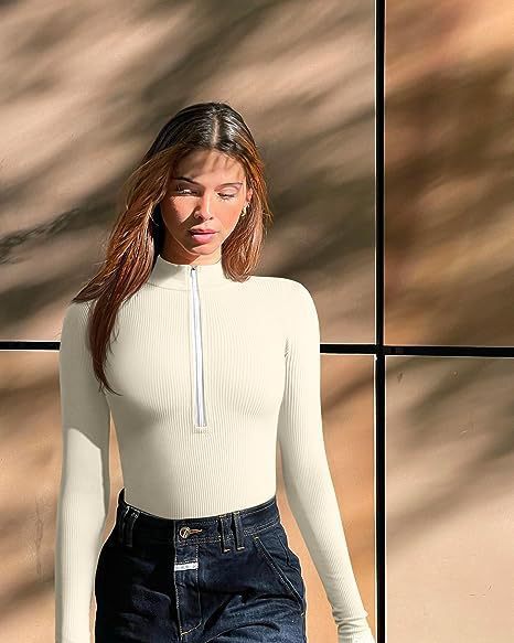 Women Slim-Fitting Ribbed Long Sleeve with Half Zip and Stand-Up Collar Mune Fashion