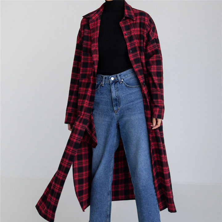 Women's Long Checked Shirt Coat with Waistband and Side Slits Mune Fashion