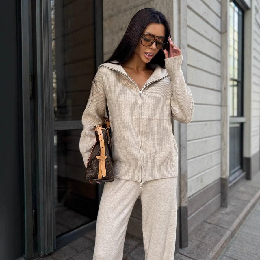 Ladies fine knit loungewear set with two-way zipper and wide lapel Mune Fashion
