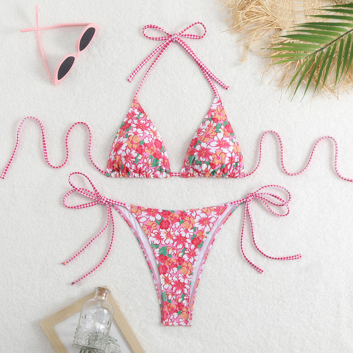 Women's Triangle Bikini Set with Playful Floral Pattern and Fine Ties Mune Fashion