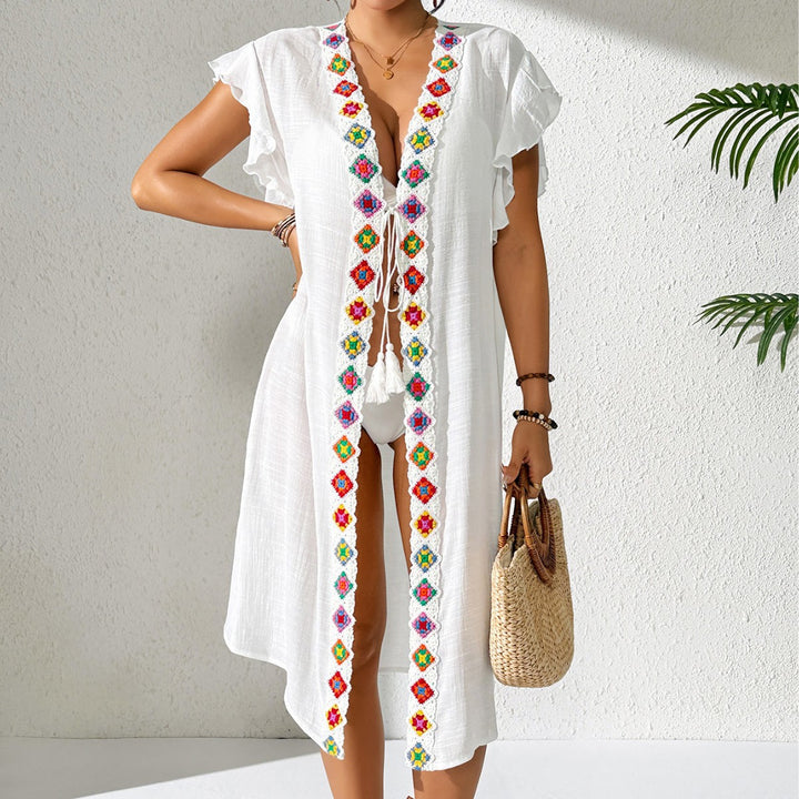 Women's casual beach cover-up with colorful crochet appliqués Mune Fashion