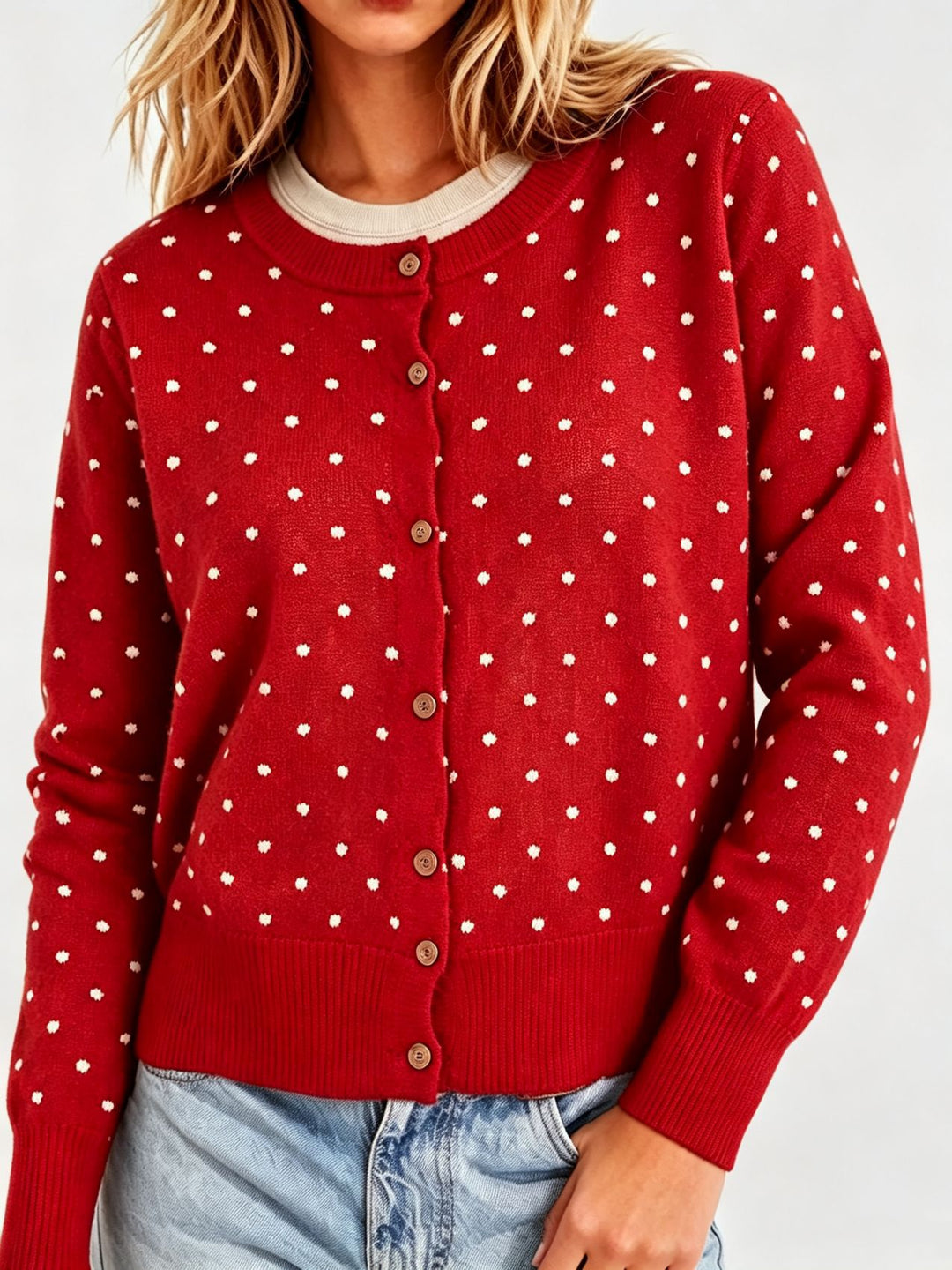Women's Dotted Fine Knit Cardigan with Round Neck and Ribbed Cuffs Mune Fashion
