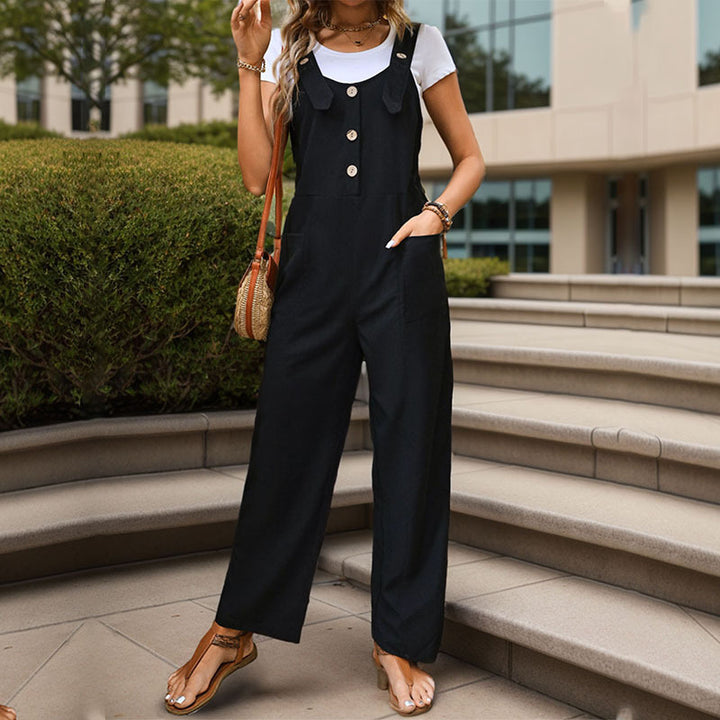 Ladies Soft-Falling Strap Jumpsuit with Wide Leg and Wooden Button Closure Mune Fashion