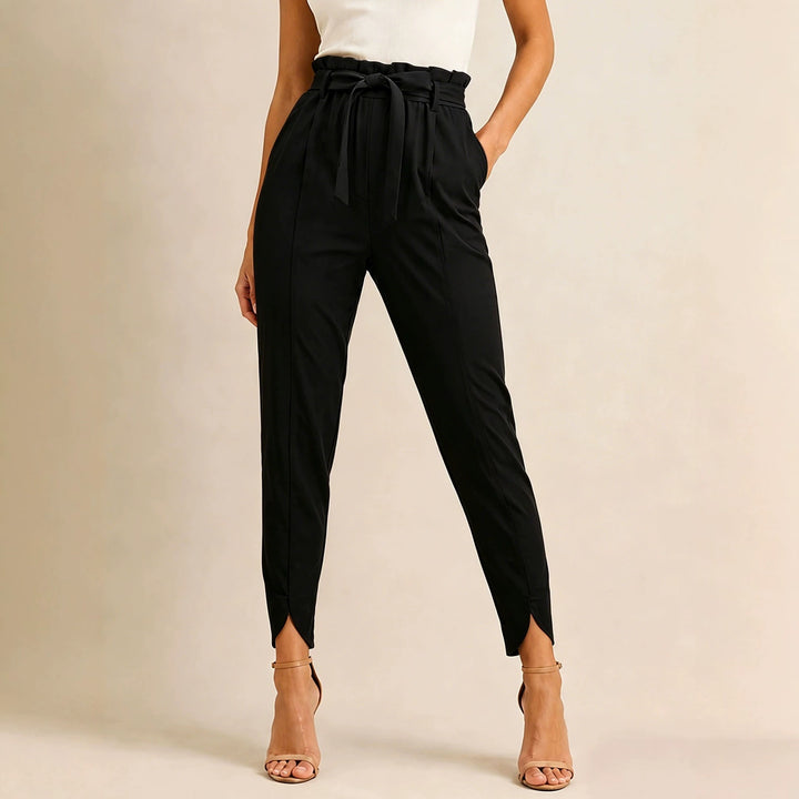 Women's high-waisted paperbag pants with tie belt and slit ankle hem Mune Fashion