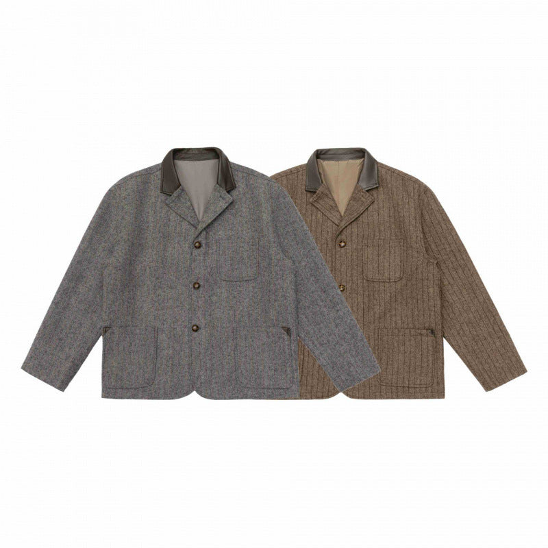Men's wool blend worker blazer with contrasting leather collar and patch pockets Mune Fashion