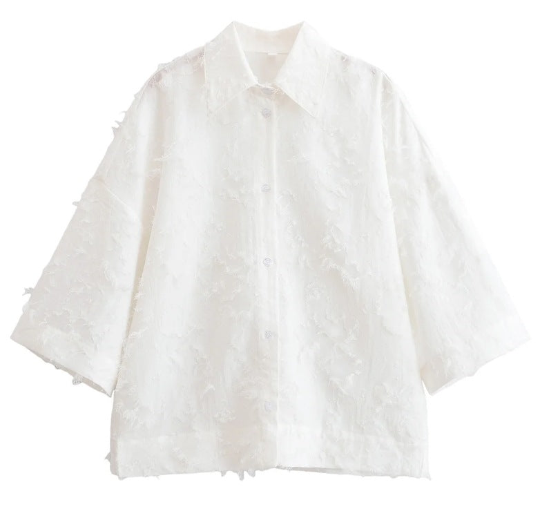 Ladies 300+ oversized structured blouse with fringe look and three-quarter sleeves Mune Fashion