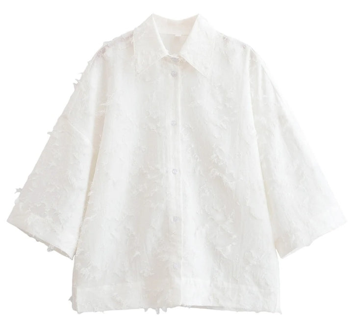 Ladies 300+ oversized structured blouse with fringe look and three-quarter sleeves Mune Fashion