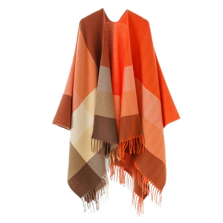 Women's wrap cape made of wool blend with check pattern and fringes Mune Fashion