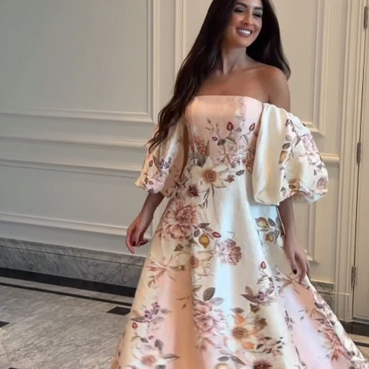 Women Elegant Off-Shoulder Evening Dress with Flared Skirt and Balloon Sleeves Mune Fashion