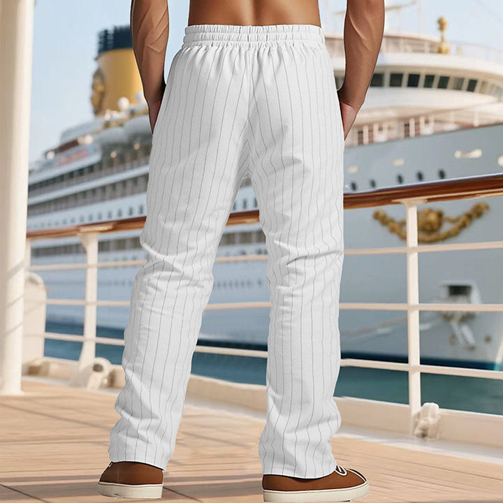 Men's Maritime Linen Look Casual Trousers with Pinstripes, Elastic Waistband and Side Slash Pockets Mune Fashion