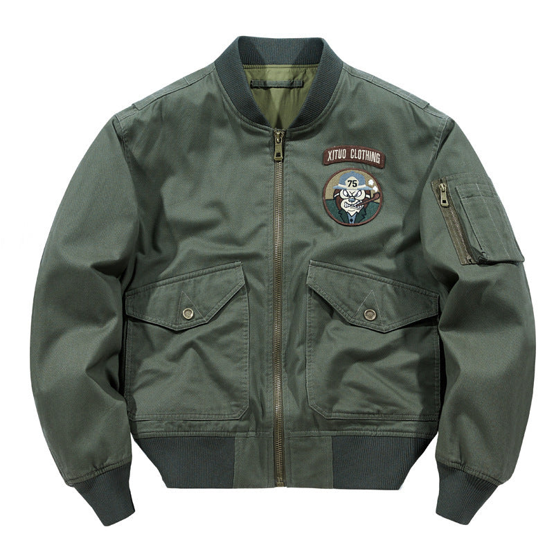 Men's Short-Cut Pilot Bomber with Utility Pockets and Embroidered Patches Mune Fashion