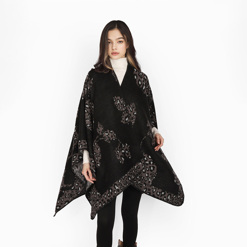 Women's wool look throw with woven leopard jacquard and open pointed edge Mune Fashion