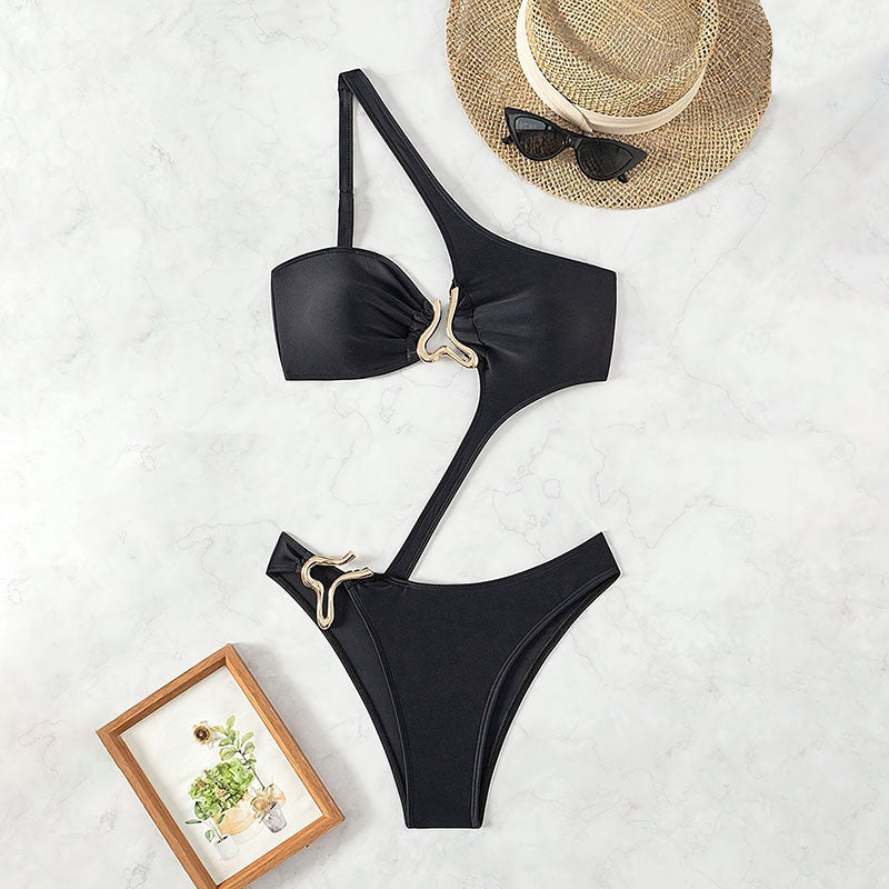 Women’s One-Piece Swimsuit with Asymmetrical Design and Golden Accents Mune Fashion