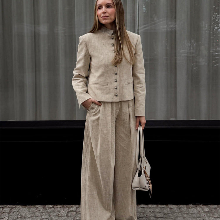 Women's stand collar jacket with metal buttons and wide pleated trousers Mune Fashion