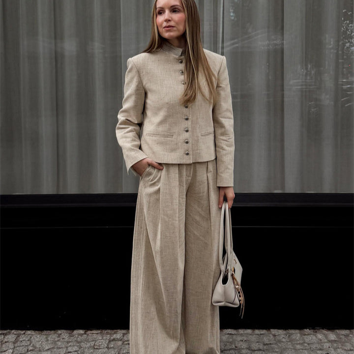 Women's stand collar jacket with metal buttons and wide pleated trousers Mune Fashion