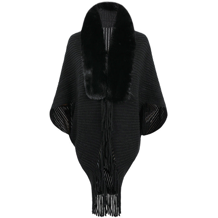 Women's Luxurious Knit Poncho with Elegant Faux Fur Collar and Fringes Mune