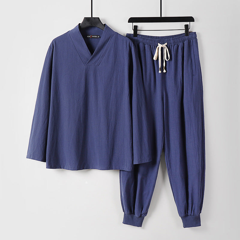 Men's Lightweight Kimono Loungewear Set Made of Cotton Blend with V-Neck and Elastic Cuff Pants Mune Fashion