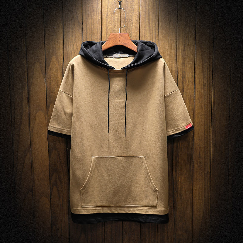 Men's short-sleeved hoodie T-shirt with kangaroo pocket and layered look Mune Fashion