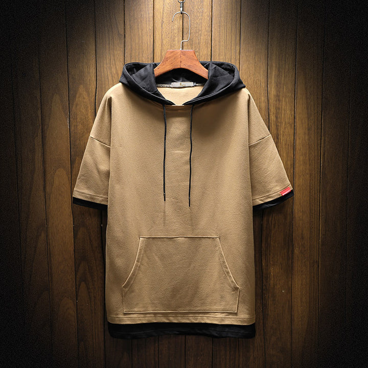 Men's short-sleeved hoodie T-shirt with kangaroo pocket and layered look Mune Fashion