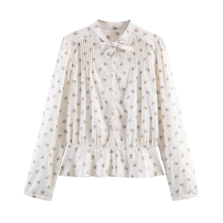 Women's Lightweight Viscose Blouse with Stand Collar, Ribbon Tie and Chest Pleats Mune Fashion