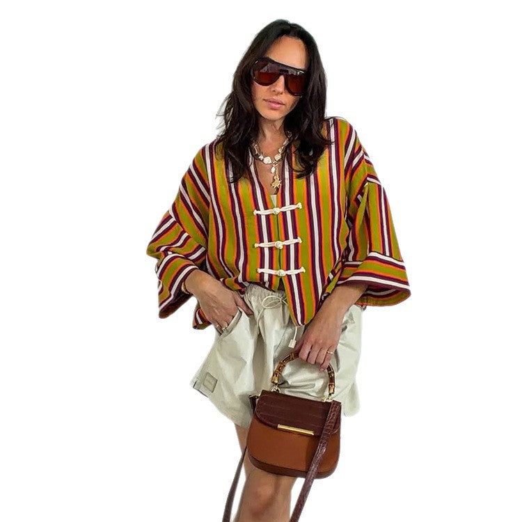 Women's Striped Lightweight Short Blouse with V-Neck, Three-Quarter Sleeves & Decorative Knot Closures Mune Fashion