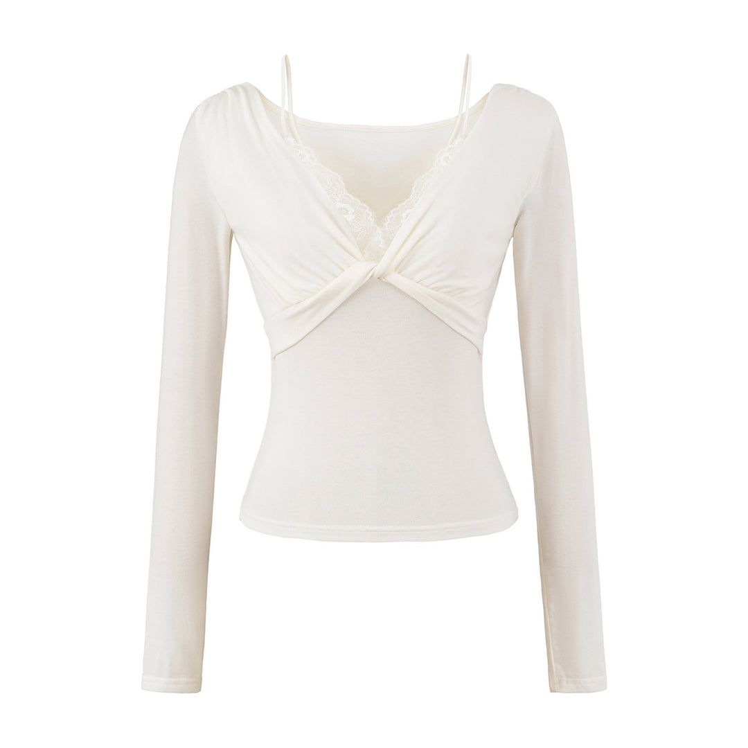 Women’s Figure-Hugging Long Sleeve Top with Twist Detail, Lace Insert and V-Neck