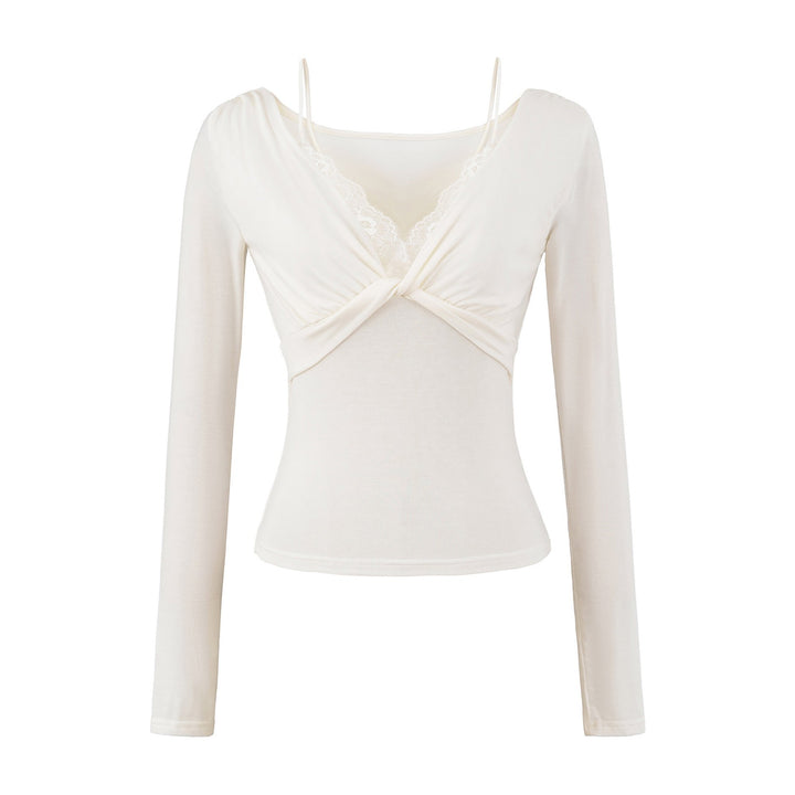 Women’s Figure-Hugging Long Sleeve Top with Twist Detail, Lace Insert and V-Neck