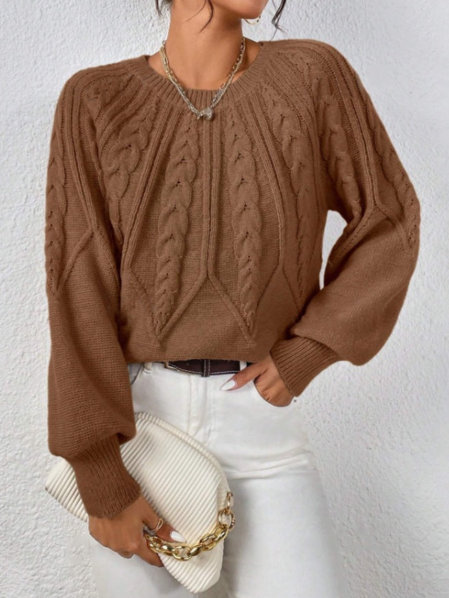Women's short cable knit sweater with balloon sleeves and ribbed hem Mune Fashion