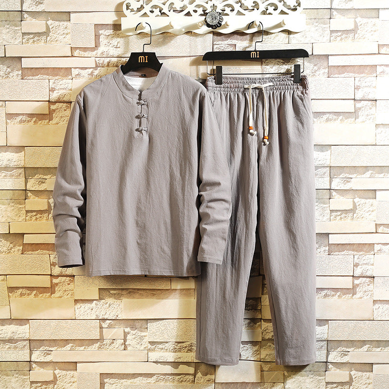Men's relaxed cotton-linen two-piece with stand-up collar and drawstring Mune Fashion