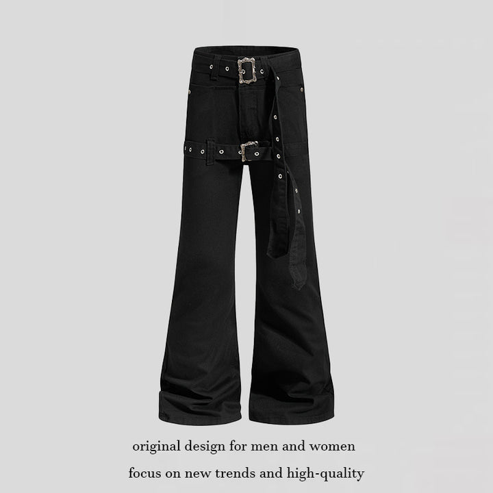 Women's High-Waist Flared Cargo Pants with Wide Leg, Double Belt and Metal Eyelets Mune Fashion