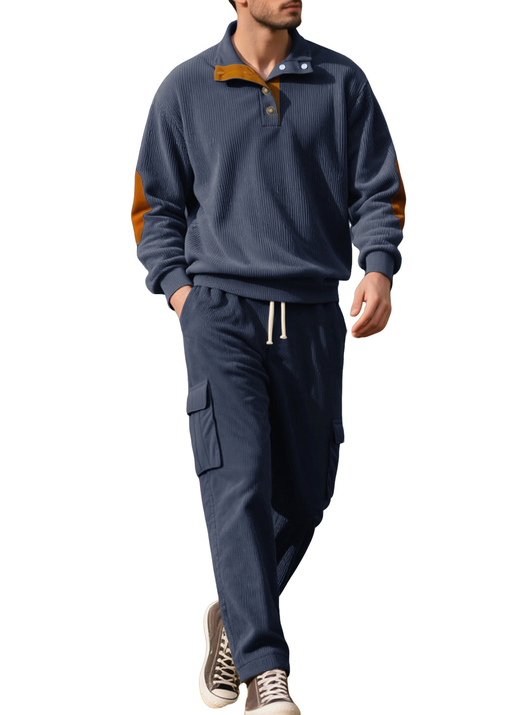 Men's structured turtleneck pullover with stand-up collar, press stud placket, and velour elbow patches Mune Fashion