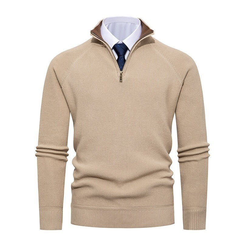 Men's fine knit pullover with half zip, structured ribbed look and inside contrasted standing collar Mune Fashion