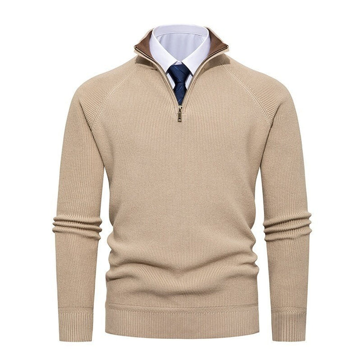 Men's fine knit pullover with half zip, structured ribbed look and inside contrasted standing collar Mune Fashion